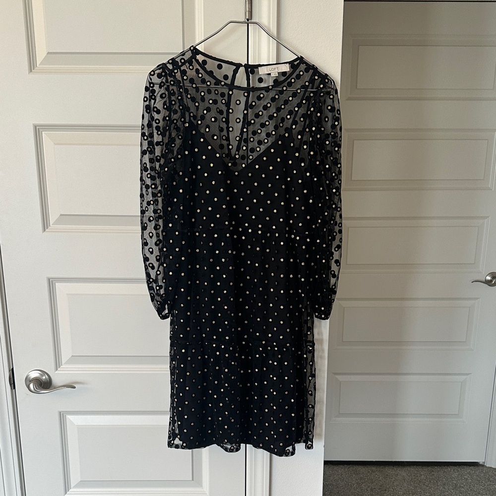 LOFT Black & Gold Dotted Dress